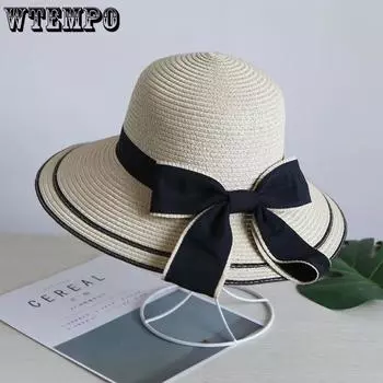 WTEMPO Solid Color Women Spring Summer Wide Brim Bow Sun Hats Outdoor Breathable Foldable Beach Sunscreen Hats 1pc