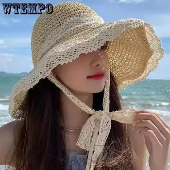 WTEMPO соломенная шляпа с большими полями, защита от солнца, солнцезащитная шляпа, защита от ультрафиолета, весна-лето, пляжная, приморская, кружевная, рыбацкая шляпа 54-56cm бежевый