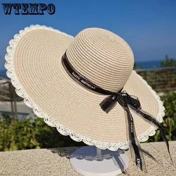 WTEMPO Соломенные шляпы с широкими полями, летние солнцезащитные шляпы, элегантные женские пляжные шляпы с бантом для отдыха на пляже 1pc хаки