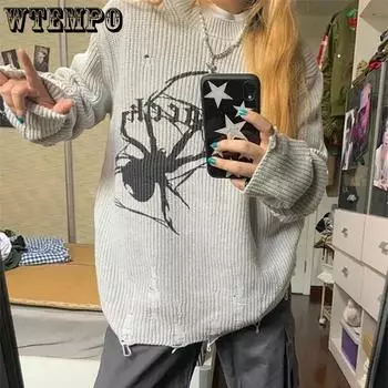 WTEMPO Spider Printed Harajuku серый свитер женский готический винтажный рваный гранж Y2K джемпер уличная корейская повседневная хип-хоп пуловер S серый