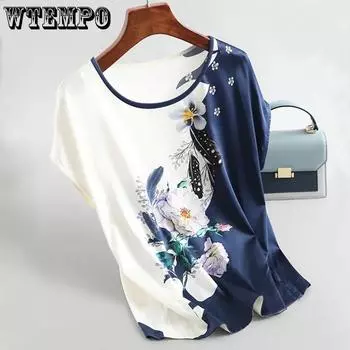 WTEMPO Сплошные цветные повседневные футболки из ледяного шелка, женские летние топы с короткими рукавами и круглым вырезом большого размера с принтом M синий