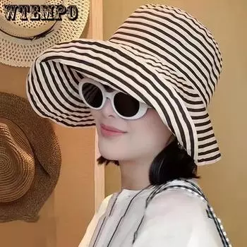 WTEMPO Striped Sun Hats Women Spring Summer Wide Brim Outdoor Breathable Foldable Beach Sunscreen Hats 1pc бежевый