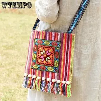 WTEMPO сумки на одно плечо с вышивкой в этническом стиле, женские повседневные сумки-мессенджеры в стиле ретро с кисточками для отдыха, отдыха и путешествий One Size
