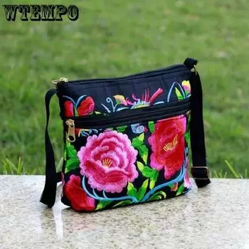 WTEMPO сумки с вышивкой в этническом стиле, три молнии, женские сумки через плечо на одно плечо, маленькие сумки для женщин, повседневные холщовые дорожные сумки 18x6x17cm красный