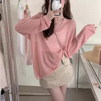 WTEMPO Summer Casual Long Sleeved Top Slimming Loose Hollow Sun Protection T-shirt for Women S