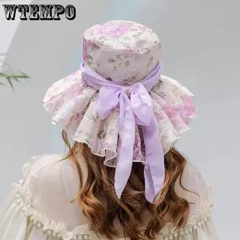 WTEMPO Summer Floral Printed Sunscreen Hats Women s Casual Elegant Bow Flower Wide Brim Outdoor Travel Beach Hats 1pc розовый
