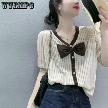 WTEMPO Summer Women s Knitted T-shirt Bow Short Sleeve V-neck Hollow Thin Ice Silk Top S чёрный