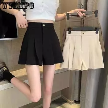 WTEMPO Summer Women s Pleated Suit Shorts High Waist Fashion Loose Shorts Wide Leg Shorts Casual Shorts Suit Shorts S чёрный