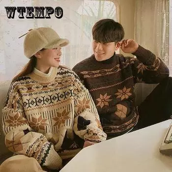 WTEMPO свитер для пары, мягкий повседневный вязаный свитер, зимний теплый пуловер, ветровой свитер с круглым вырезом в стиле ретро 2XL