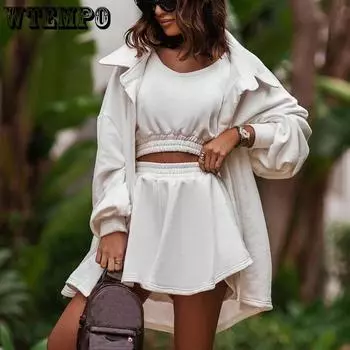 WTEMPO свободный спортивный костюм, комплект из трех предметов, женский однотонный свитшот с отложным воротником, короткие брючные костюмы, женские повседневные наряды, спортивный костюм S красный