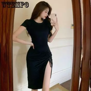 WTEMPO Темпераментное женское летнее платье средней длины с разрезом на шнурке и талией на талии M