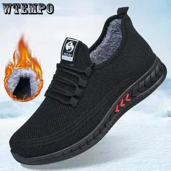 WTEMPO Теплые однотонные черные туфли на плоской подошве с противоскользящей подошвой Повседневная обувь Зимние мужские хлопковые туфли большого размера Мягкие плюшевые кроссовки 44 чёрный