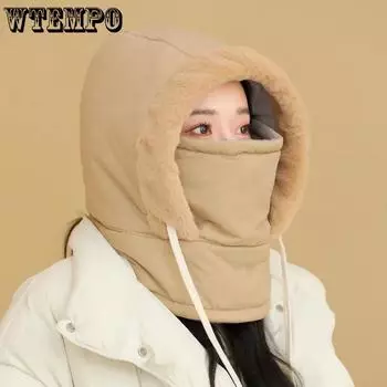 WTEMPO Теплые зимние уличные шапки для верховой езды из флиса с утолщенной головной убор, однотонные плюшевые, морозостойкие, ветрозащитные шапки-маски One Size чёрный