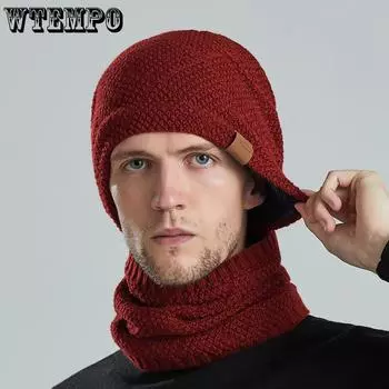WTEMPO Утолщенный теплый протектор для ушей, защищающий от холода, ветрозащитный шарф, шапки, осенне-зимний комплект для пары, вязаный шарф + шапка hat + scarf чёрный