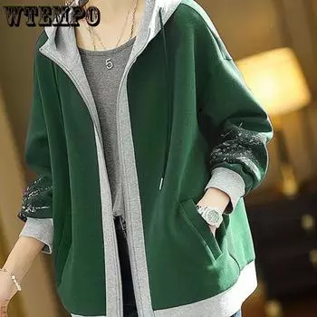 WTEMPO толстовка с капюшоном, женская осенняя свободная удобная повседневная универсальная однотонная куртка-кардиган с вышивкой L зелёный