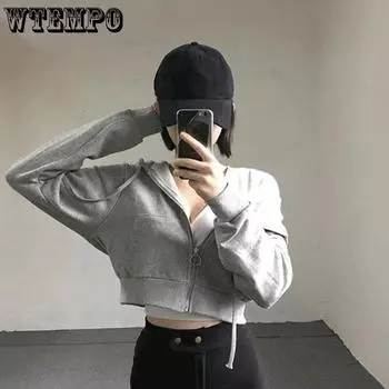 WTEMPO толстовки женские однотонные свободные Harajuku шикарное короткое пальто с капюшоном на молнии женское универсальное тонкое пальто с длинными рукавами Ulzzang новая уличная одежда S белый