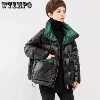 WTEMPO Толстые плюшевые хлопковые пальто с подкладкой, женские свободные пуховики большого размера, яркие хлопковые пальто с молнией и карманами M чёрный