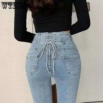 WTEMPO Trendy Light Blue Strap High Waist Jeans for Women Lifting Hips Slim Tight Fitting Elastic Denim Pants S чёрный