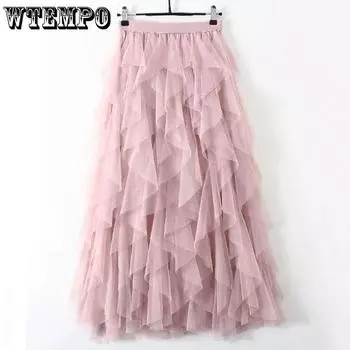 WTEMPO Тюлевые однотонные длинные юбки-пачки женские большие размеры корейские милые розовые, черные, белые, плиссированные сетчатые юбки с высокой талией S чёрный