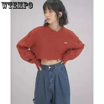 WTEMPO Укороченные вязаные пуловеры, женские короткие свитера с круглым вырезом и длинными рукавами для девочек, однотонные повседневные джемперы нестандартной формы, уличная одежда S абрикосовый