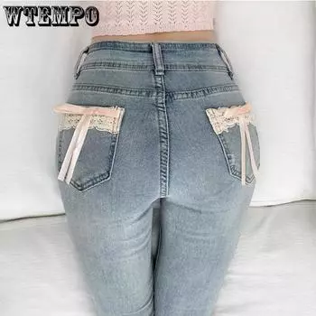 WTEMPO Уличные ретро-джинсы с кружевными бантами и карманами, женские сексуальные всесезонные эластичные узкие повседневные универсальные длинные джинсовые брюки S синий