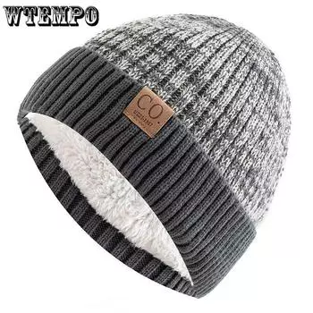 WTEMPO Унисекс Двухцветные зимние шапки Добавить Меховая подкладка для мужчин и женщин Теплая шапка-бини Повседневная зимняя ветрозащитная холодостойкая вязаная шапка One Size чёрный