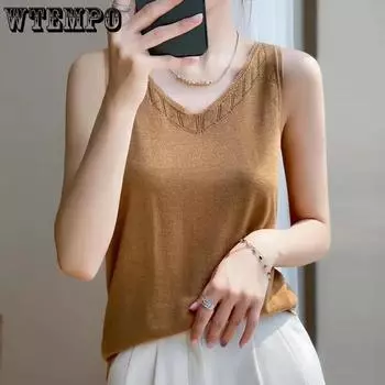 WTEMPO Универсальные ажурные жилеты-камизолы для женщин, трикотажные майки с V-образным вырезом, эластичные топы без рукавов большого размера M белый
