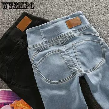WTEMPO Универсальные повседневные однотонные длинные джинсы большого размера, женские ретро-узкие эластичные джинсовые брюки с высокой талией и пуговицами S синий