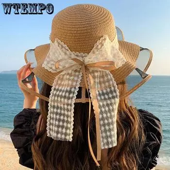 WTEMPO Универсальные широкополые соломенные шляпы от солнца женские однотонные модные элегантные повседневные шляпы с бантом для пляжа на море летние шляпы 1pc хаки