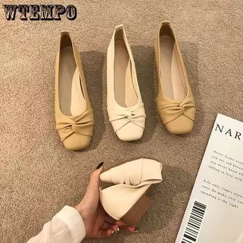 WTEMPO Весна и осень Универсальные однотонные туфли Женские однотонные туфли на низком каблуке с квадратным носком Неглубокая мягкая кожаная подошва Квадратный каблук Плиссированный бант Высокие каблуки 35 бежевый