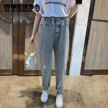 WTEMPO Упругие Waist Ripped Джинс женщин Loose Широкая нога Прямая джинсовая Большие карманные брюки Офисный клуб Случайный XXXL синий