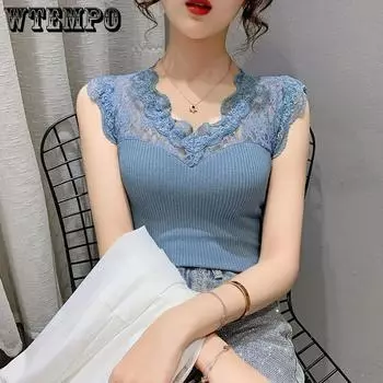 WTEMPO V-neck Ice Silk Lace Camisole Vests Women Large Size Slim Solid Color Sleeveless Casual Versatile Knitted Bottoming Tops M чёрный