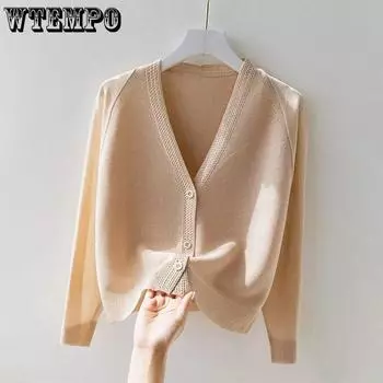 WTEMPO V-neck Thin Large Size Solid Color Loose Knitted Cardigans Women Casual Long Sleeve Button Sweater Cardigans S розовый
