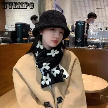 WTEMPO Versatile Double-side Knitted Jacquard Winter Warm Scarves Women s Thickened Windproof Cold-proof Versatile Casual Knitted Scarves One Size чёрный