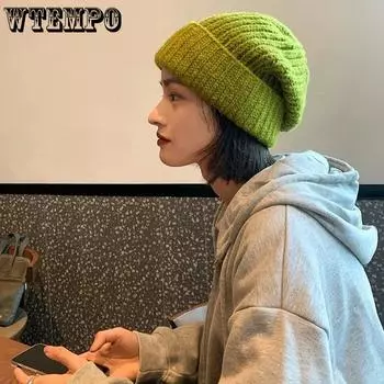 WTEMPO Универсальные свободные большие вязаные мешковатые шапки-бини женские осенне-зимние однотонные эластичные теплые шерстяные шапки One Size чёрный