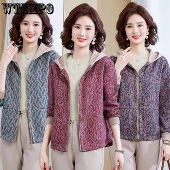 WTEMPO Весенне-осенние новые женские куртки, ветровка с длинными рукавами, пальто для матери среднего возраста, короткая куртка с капюшоном, свободная верхняя одежда XL