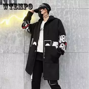 WTEMPO Весенняя куртка с принтом, ветровка с капюшоном, мужское пальто, мягкий удобный верх, повседневная свободная парка, длинная XXXL белый