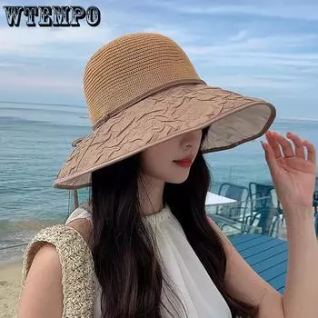 WTEMPO Весна-лето Широкие поля Открытый Дышащие Складные Пляжные Солнцезащитные Кепки Женские Лоскутные Повседневные Однотонные Солнцезащитные Кепки с Ветрозащитной Веревкой 1pc хаки