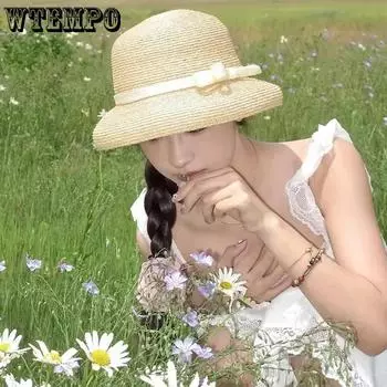 WTEMPO Весна-лето, широкополые соломенные шляпы с круглым верхом, женские складные модные солнцезащитные шляпы с регулируемым поясом и бантом 1pc хаки