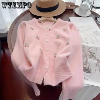 WTEMPO Весна Осень Однотонные Элегантные Вязаные Кардиганы Милые Мягкие О-образные Вырезы Универсальные Большие Размеры Свитера Пальто S белый