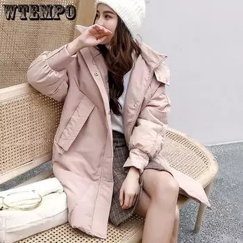 WTEMPO Ветрозащитные утепленные пальто с капюшоном, однотонные толстые теплые пуховые пальто, осенне-зимние женские куртки большого размера с хлопковой подкладкой S чёрный