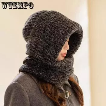WTEMPO Ветрозащитный эластичный вязаный шарф-шапка, женская теплая зимняя защита ушей, утолщенная универсальная однотонная шерстяная шапка One Size серый