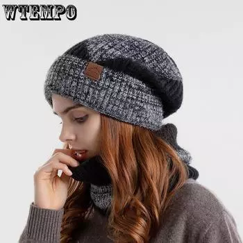 WTEMPO Ветрозащитный, морозостойкий, эластичный, универсальный комплект шапок и шарфов для женщин, осенне-зимняя теплая вязаная наружная защита ушей, плюшевые шапки hat + scarf чёрный
