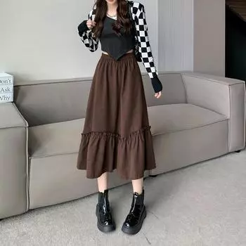 WTEMPO Vintage Corduroy Skirt Autumn Winter High Waist Midi Swing Skirt Women s A Line Dress One size чёрный