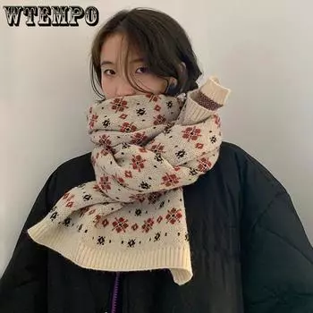 WTEMPO Vintage Floral Woolen Scarf Women Autumn Winter New Korean Hyuna Style Knitted Warm Thick Neck Protection Scarves One Size чёрный