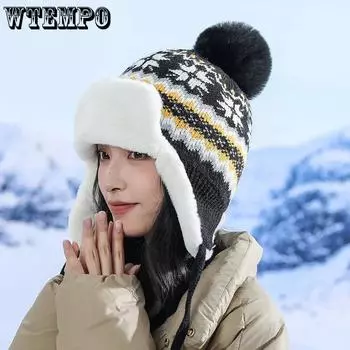 WTEMPO Винтажные жаккардовые вязаные шапки в этническом стиле женские зимние плюшевые шапки-бомберы для верховой езды, катания на лыжах One Size серый
