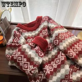 WTEMPO Винтажный красный рождественский свитер с напуском, новогодний женский свободный пиджак, вязаные пуловеры, женские осенне-зимние повседневные джемперы S красный