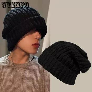 WTEMPO Вязаные шапки мужские большого размера однотонные универсальные эластичные шапки повседневные теплые шерстяные шапки для пар One Size чёрный
