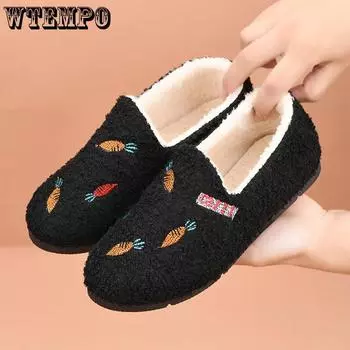 WTEMPO Вышивка Легкие Осенние Зимние Большие Размеры Повседневные Однотонные Женские Теплые Утепленные Плюшевые Туфли Слипоны 36 чёрный
