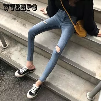 WTEMPO Высокая талия Рваные джинсы Одежда Стрейч Джинсовая одежда Синий Уличная одежда Мода Ретро Брюки XXL